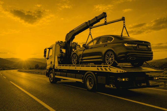 Γερανός με φορτωμένο όχημα σε επαρχιακό δρόμο